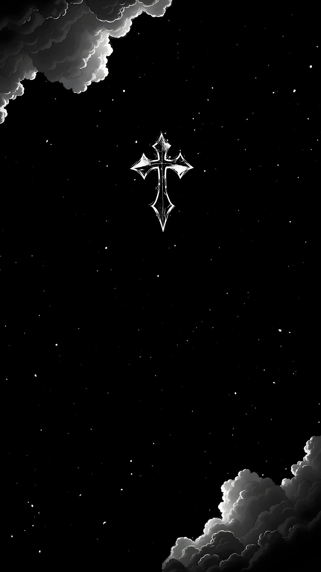 an artistic black and white photo of clouds with a cross in the sky at night Halloween Cross black