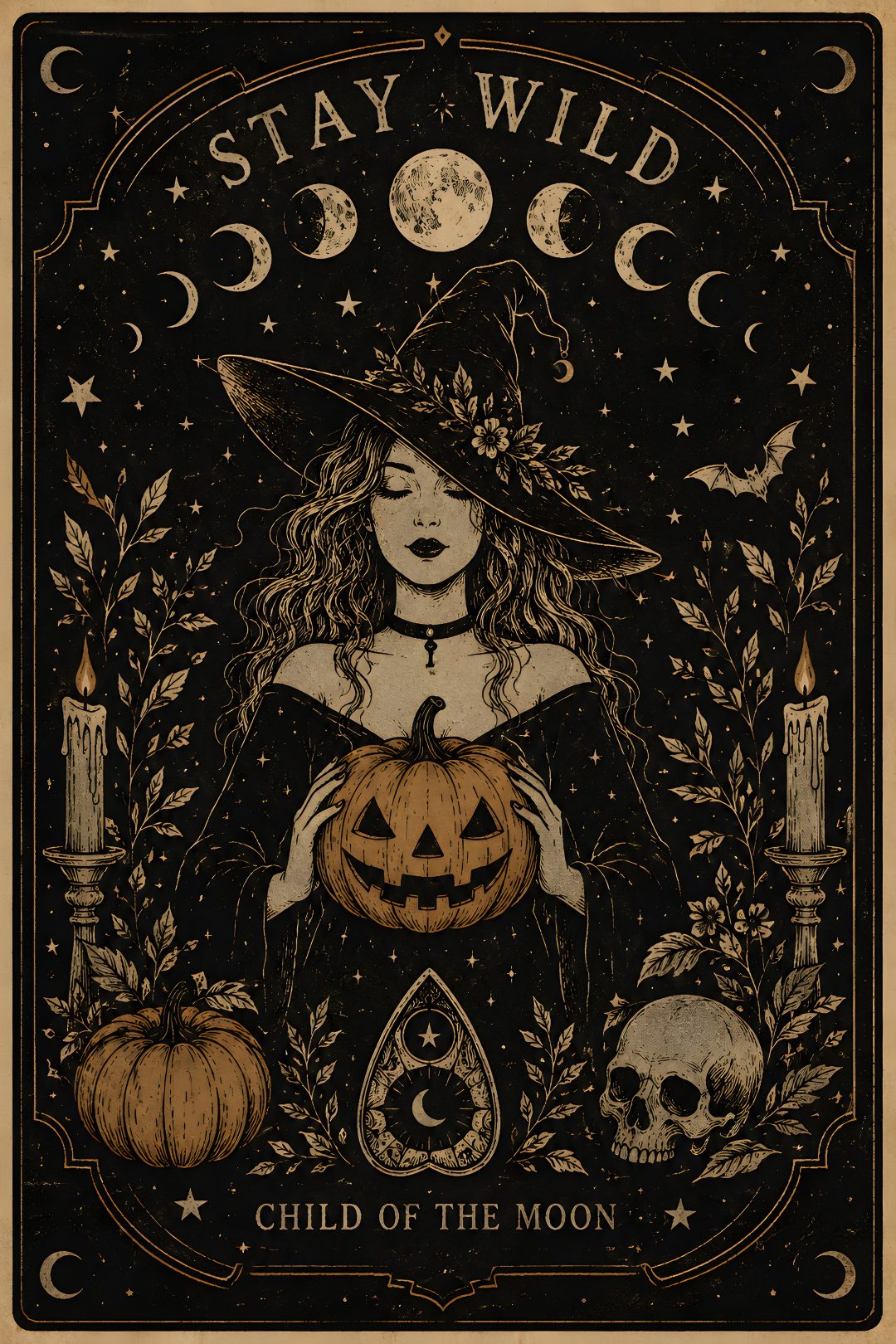 a poster with a witch holding a pumpkin Pagan Halloween black