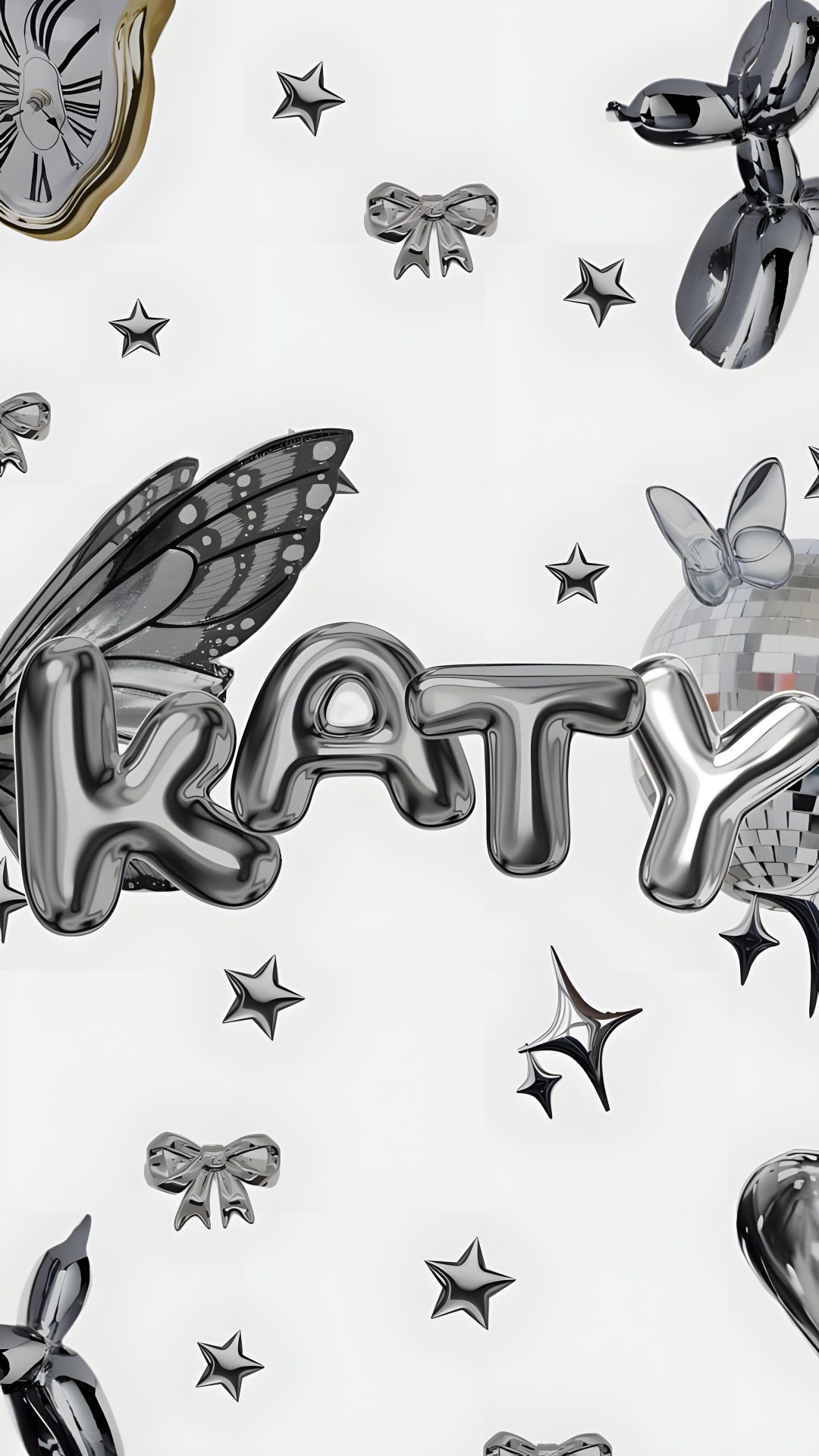 the word art surrounded by silver stars and balloons in the shape of butterflies, moths, and hearts Katy Name Name Backgrounds For Halloween lavender