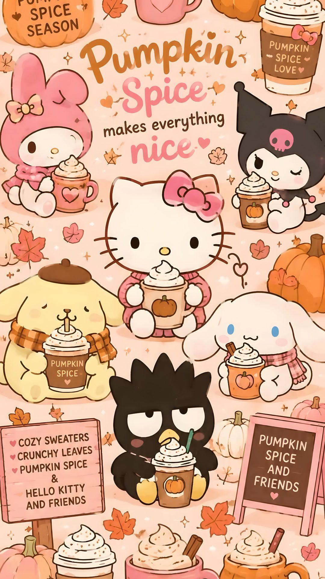 an advertisement for pumpkin spice with hello kitty and other cartoon characters on it's side Cute Halloween Sanrio navajo white