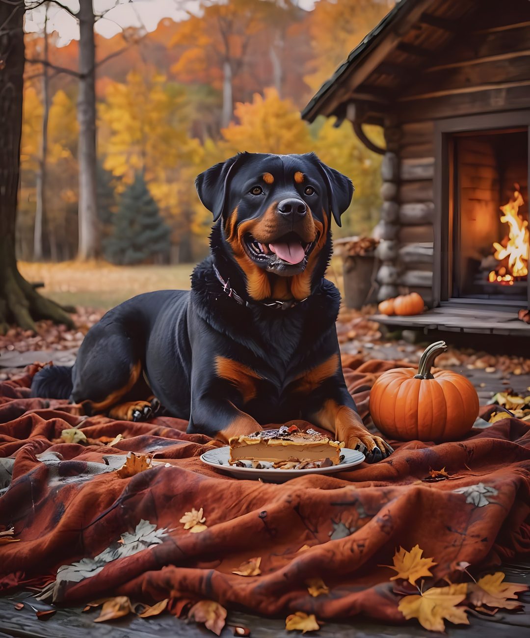 a dog is sitting on a blanket in front of a fire place and pumpkins Halloween Rottweiler Rottweiler Dog, Rottweiler, Dogs, dark olive green