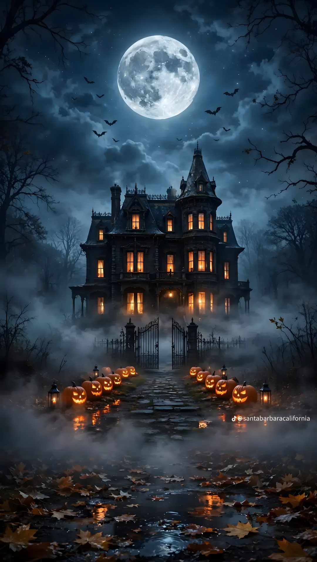 a creepy house with pumpkins on the ground in front of it and a full moon Halloween Haunted Hotel dark slate gray