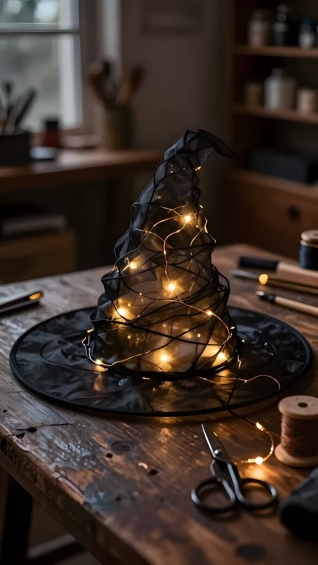 a small christmas tree is sitting on top of a wooden table with scissors and thread Halloween Witch Hat black