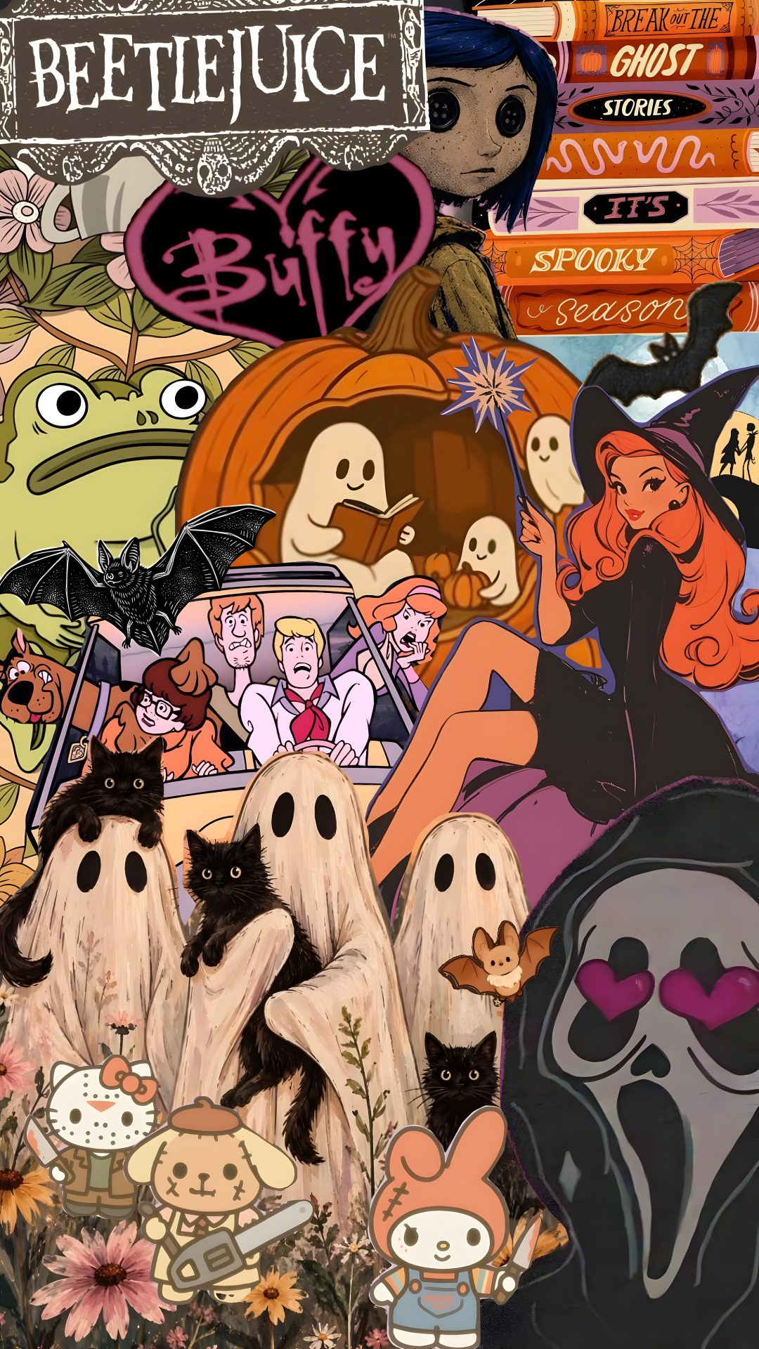 a collage of cartoon characters and their names on it's cover, with the title beetlejuice Halloween Characters sienna