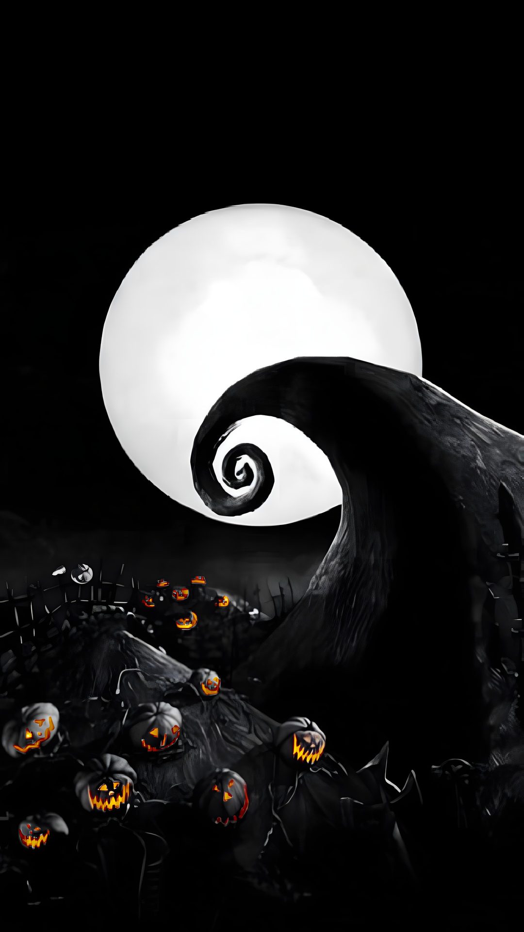 a black and white photo with pumpkins in front of a full moon Halloween Nightmare black