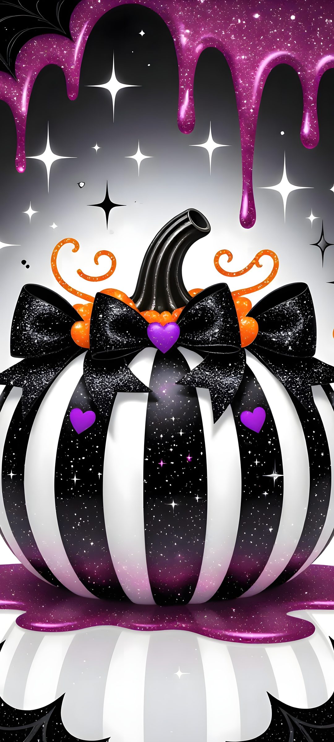 a black and white striped pumpkin with a witch hat on it's head in front of stars Halloween Glitter Iphone dim gray