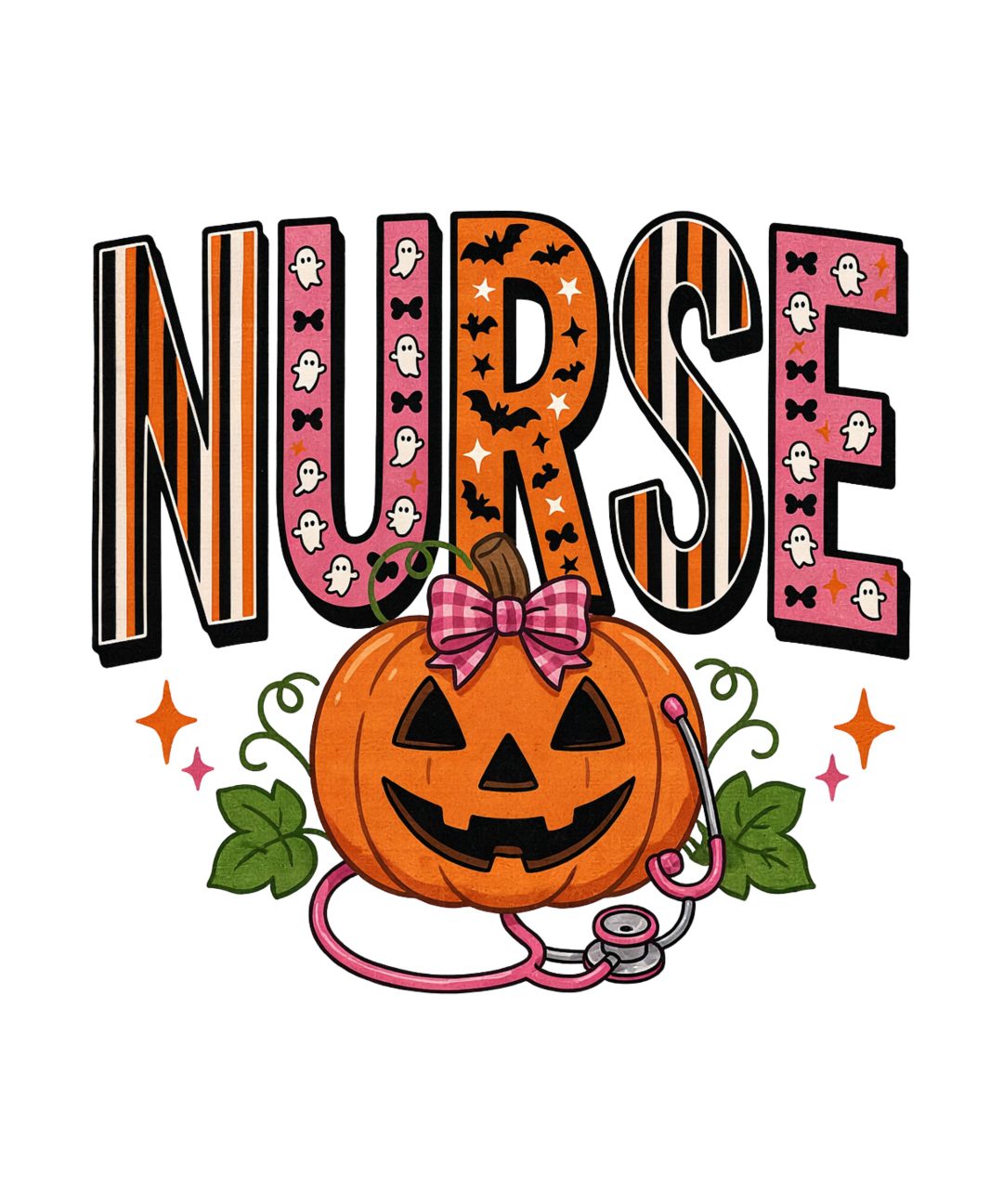 a nurse pumpkin with a stethoscope in it's mouth and the word nurse Nurse Halloween white