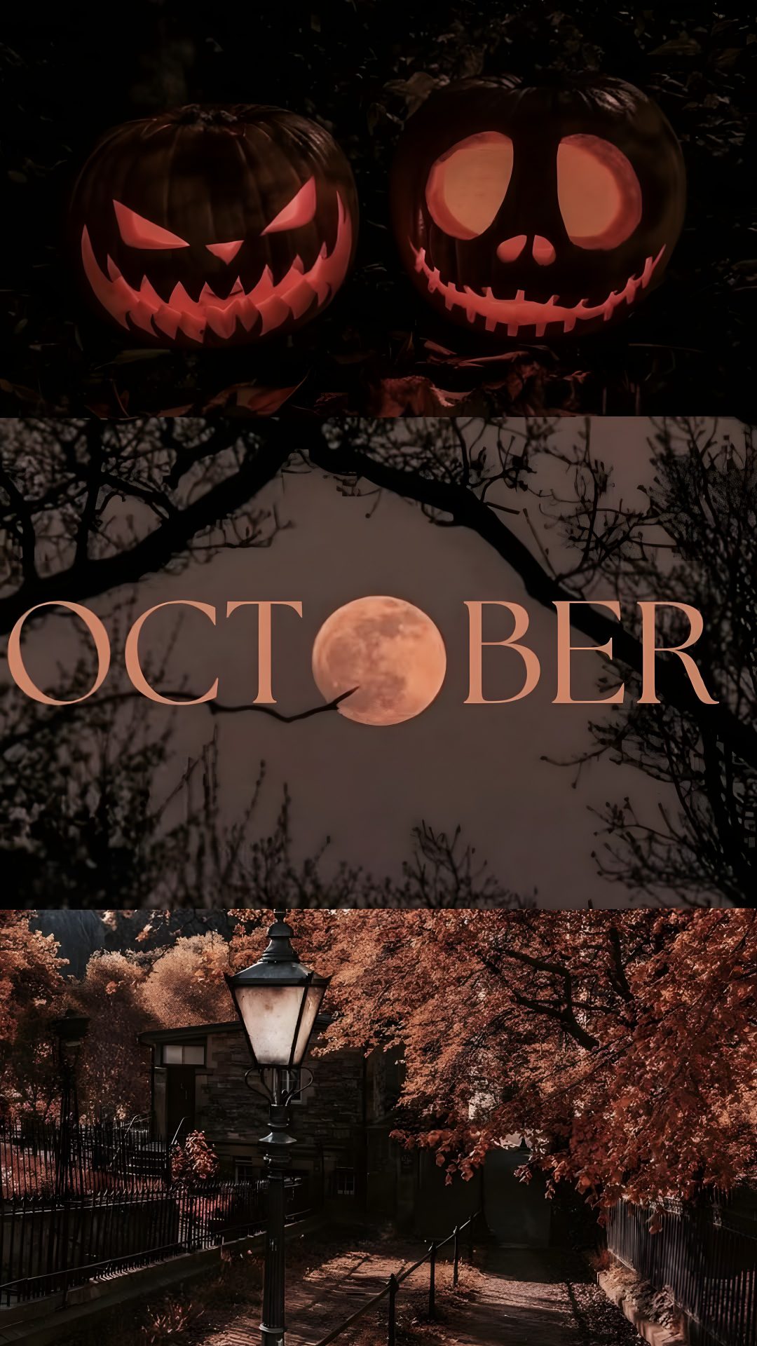 two jack o lantern pumpkins on top of each other with the words october above them Halloween Hello October October Vibes, October, Halloween, black