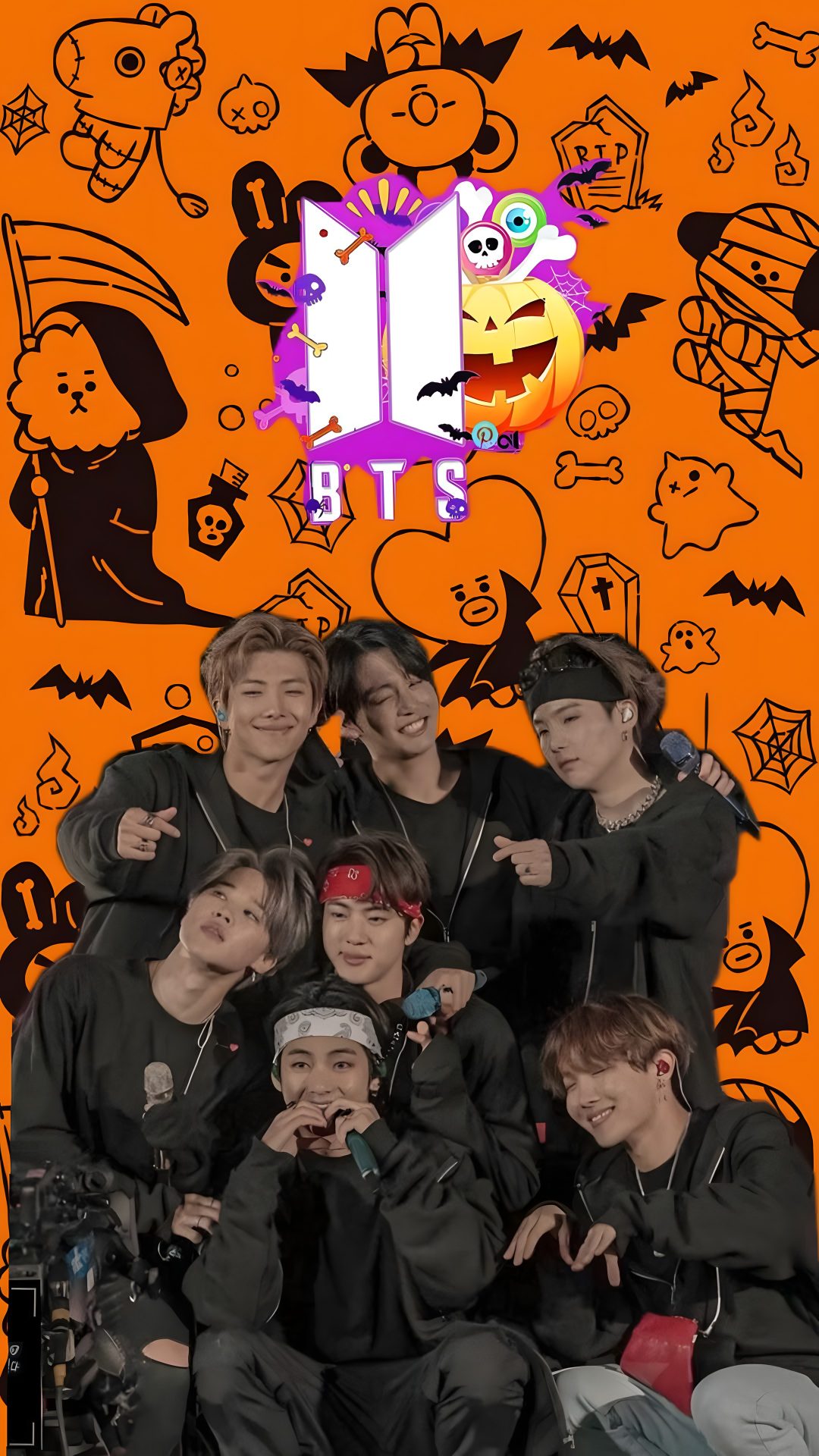 a group of young men standing next to each other in front of an orange background Bts Halloween saddle brown
