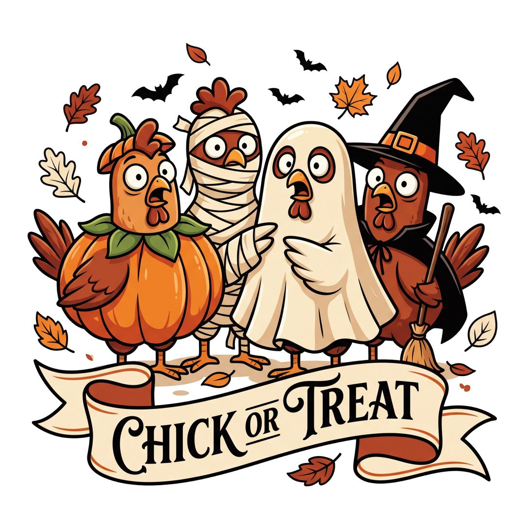 three cartoon characters dressed up as witches and pumpkins with a banner that says, chick or treat Halloween Chicken papaya whip