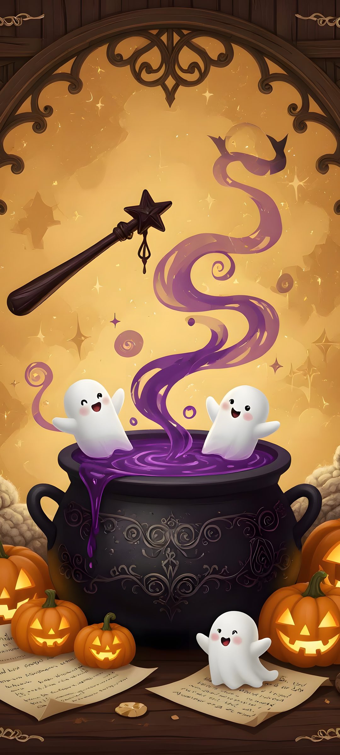 halloween scene with witches caulder and ghostes in front of an orange background Halloween Witch Cauldron peru