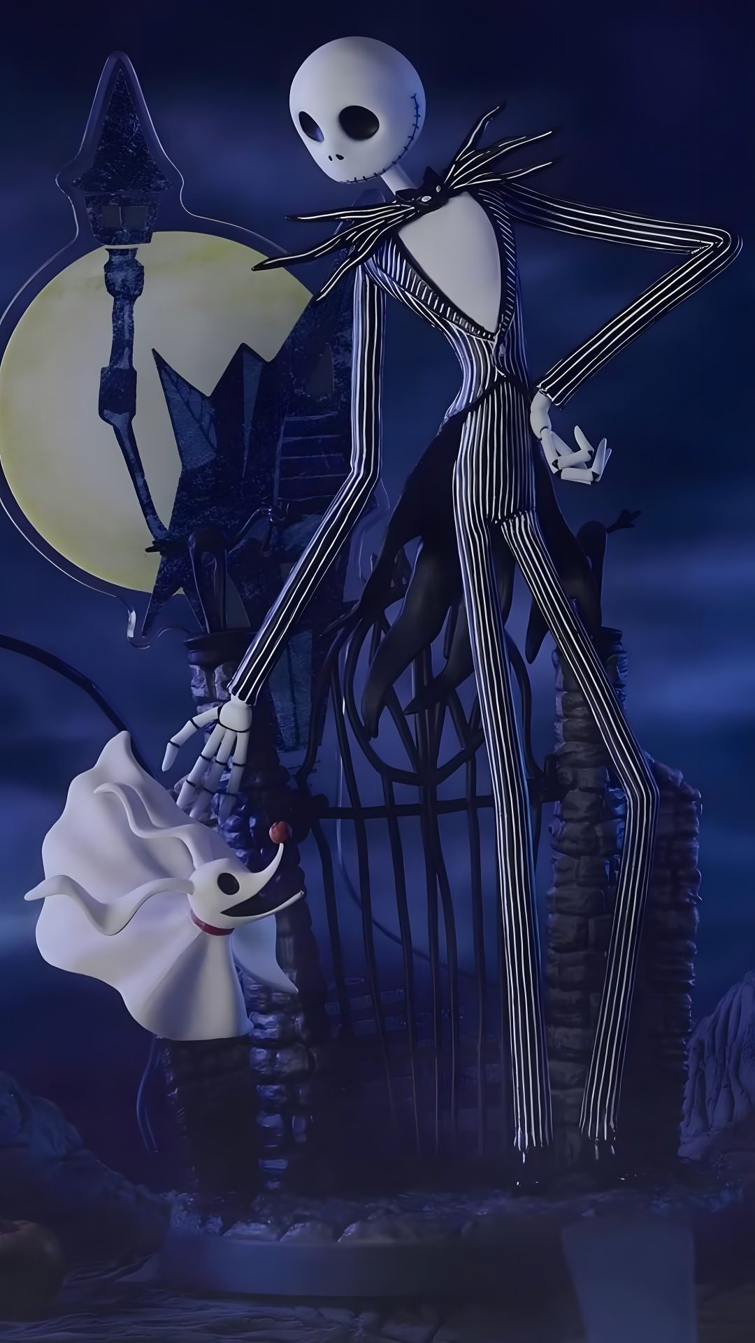 a skeleton dressed in black and white standing next to a ghost Halloween Jack Skeleton midnight blue