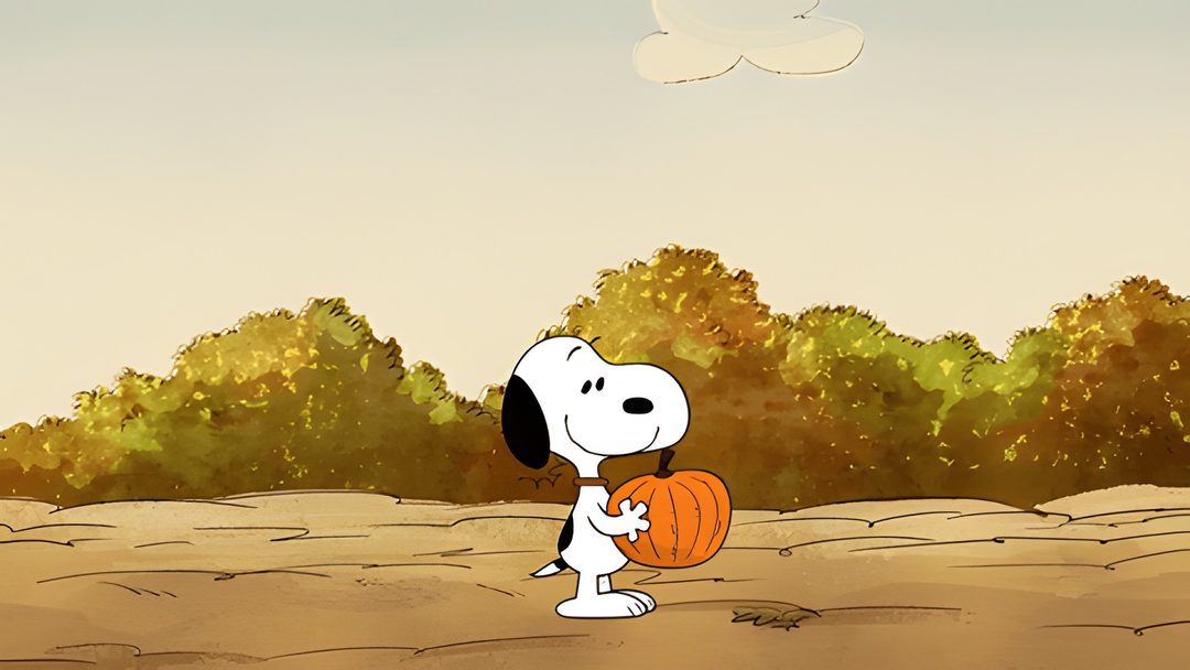 a cartoon dog holding a pumpkin in his hand while standing on the ground with trees behind him Snoopy Halloween Gif light gray