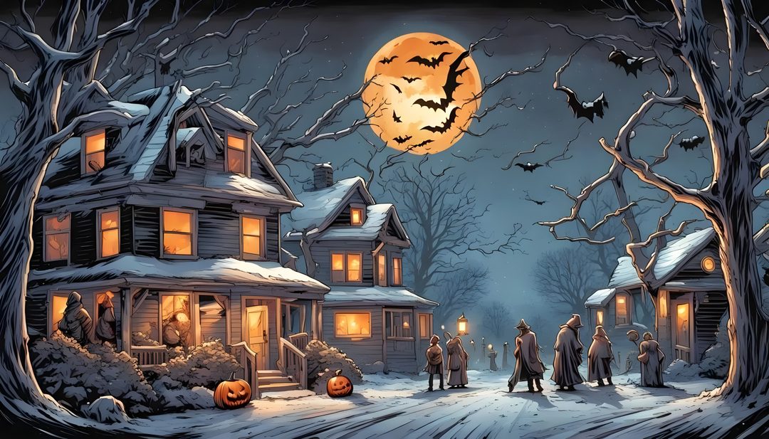 a halloween scene with people standing in front of a house Halloween Village For Pc Halloween, dark slate gray
