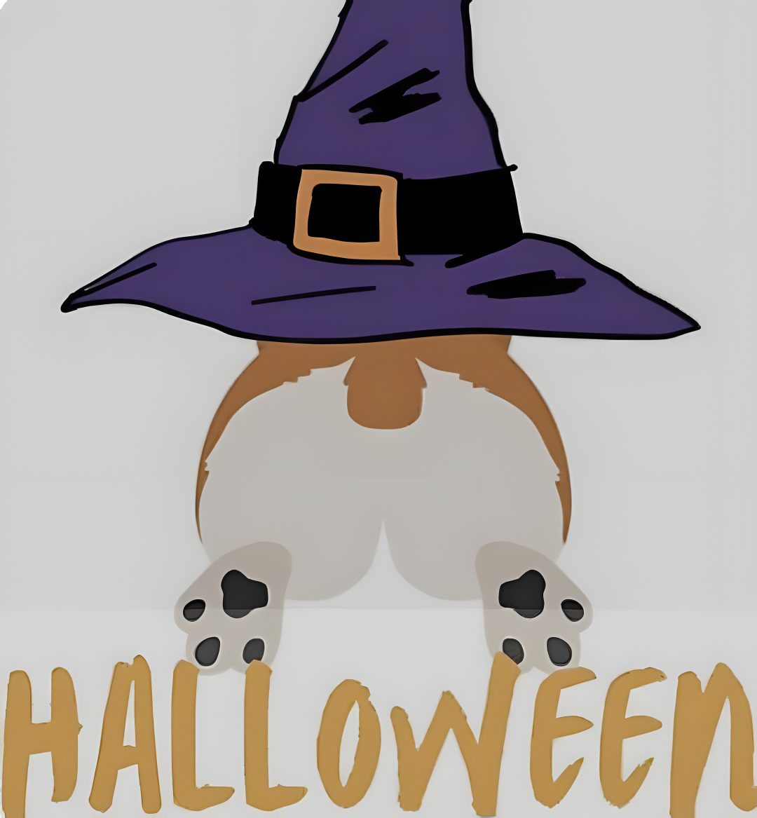 a dog wearing a witches hat with the words halloween Corgi Halloween light gray