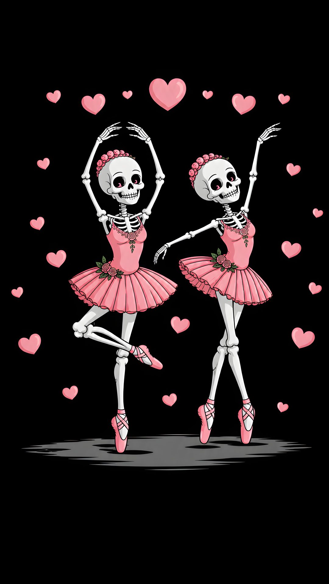 two skeleton dancers in pink tutu skirts with hearts flying around them on a black background Halloween Dance black