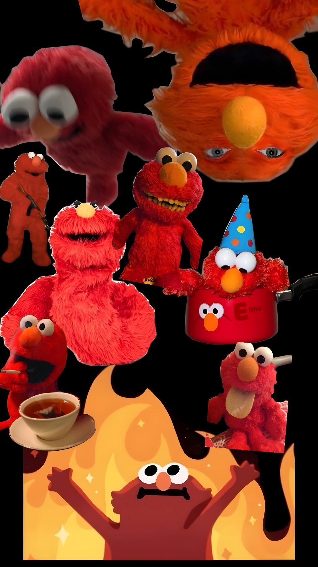 the sesame street characters are all dressed up and ready to go out in the fire Elmo Halloween dark red