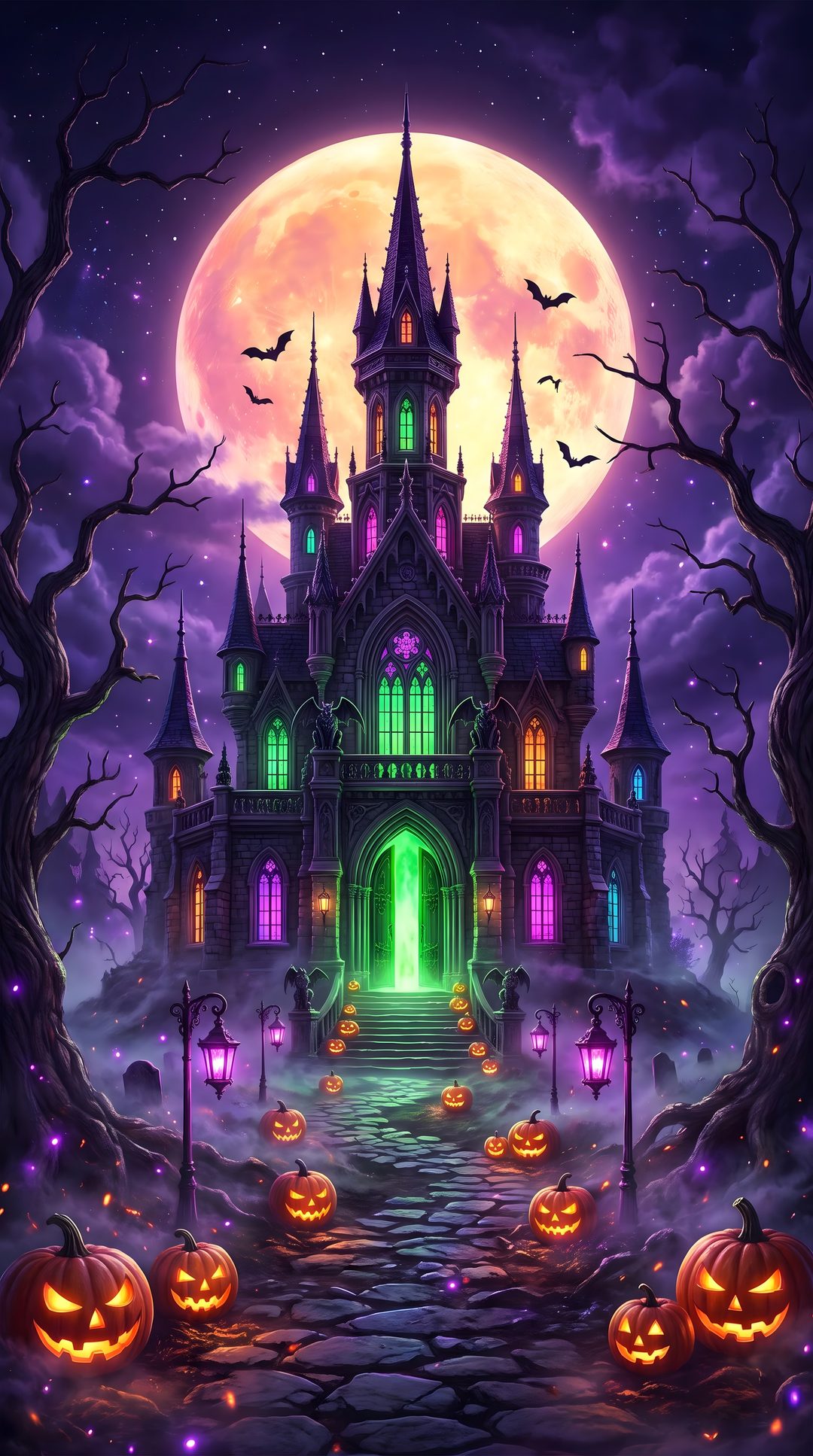 a halloween castle with pumpkins in front of it Halloween Castle Background dark slate gray