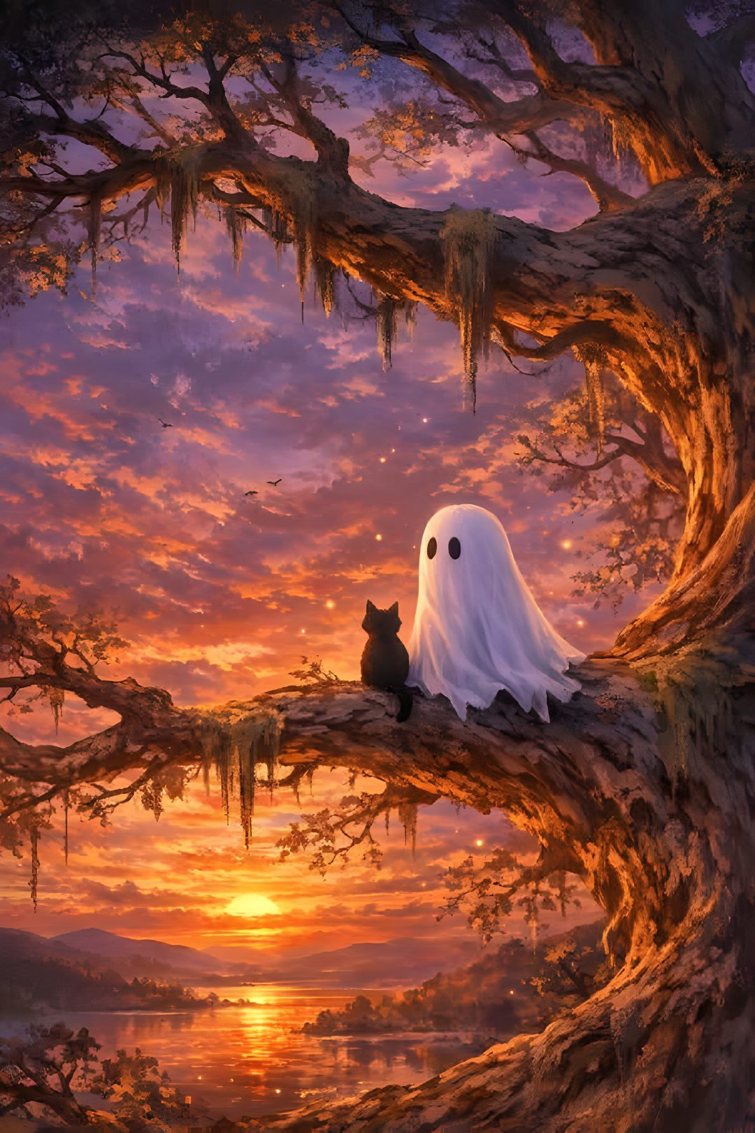 a painting of a cat and ghost sitting on a tree branch with the sun setting in the background Halloween Ghost Tree Halloween 2018, Halloween Art, Halloween, sienna
