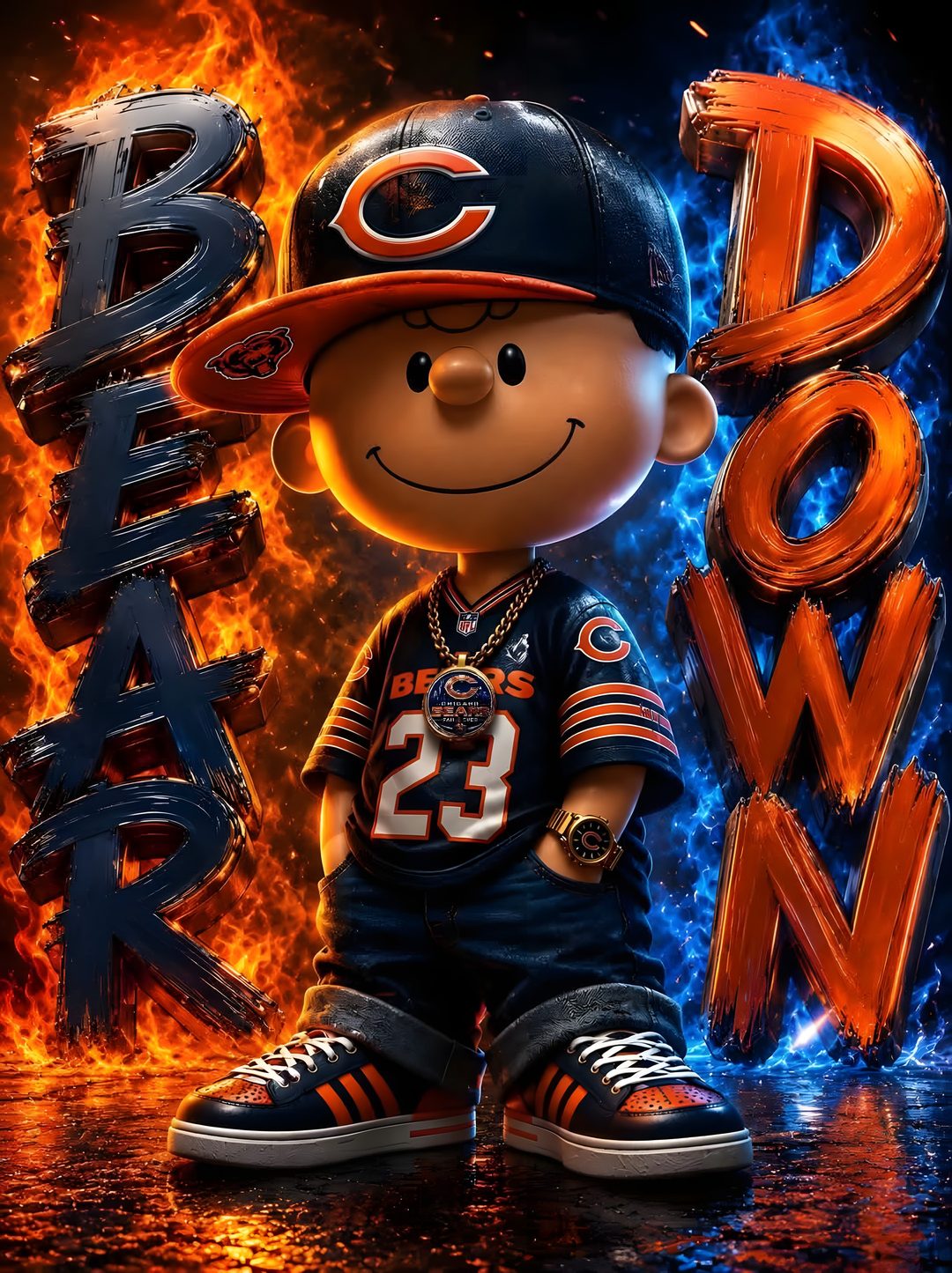 the chicago bears mascot is sitting in front of fire and letters that spell out their name Chicago Bears Halloween maroon