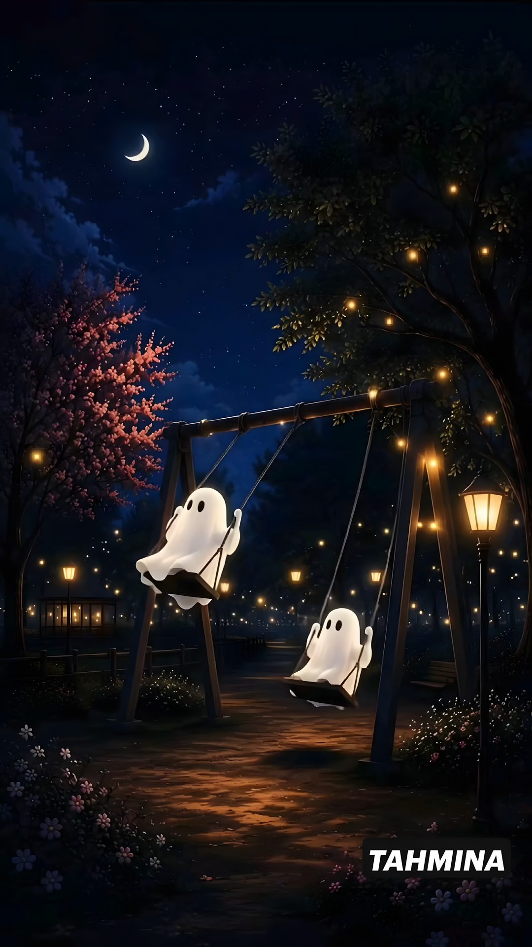 two ghost swings at night with lights on the trees and moon in the sky behind them Halloween Samsung Live, Halloween Art, Ghost, Halloween, black