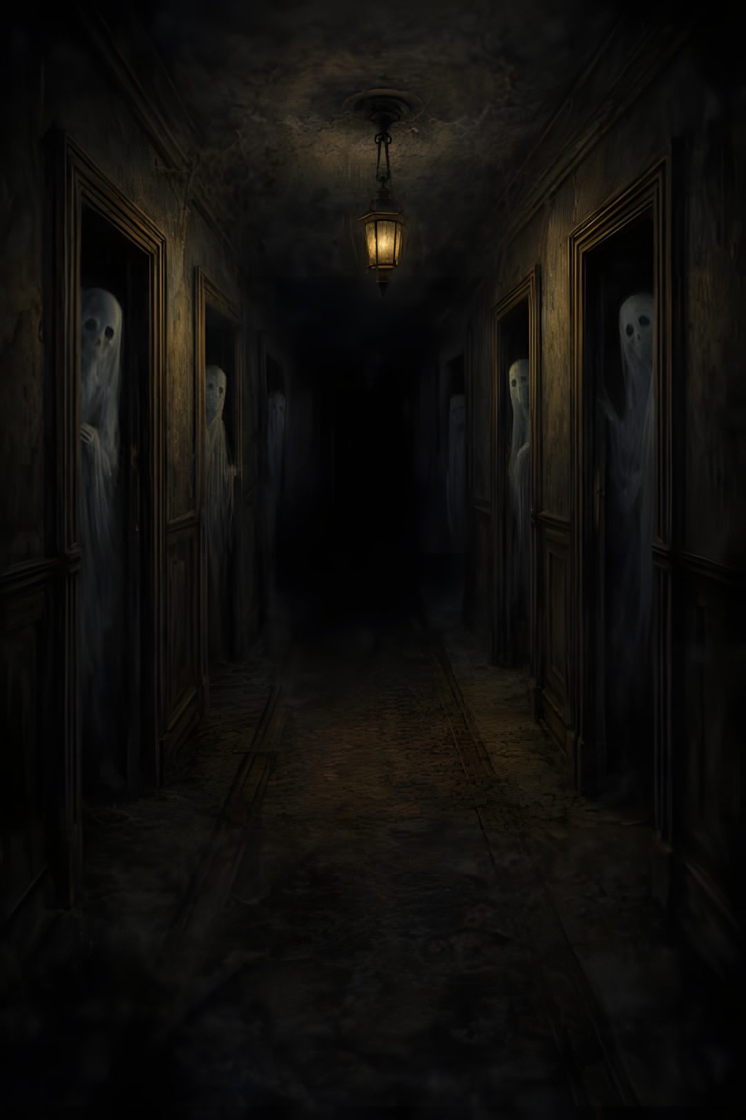 an eerie hallway with three ghostly figures in the doorways Halloween Hallway black