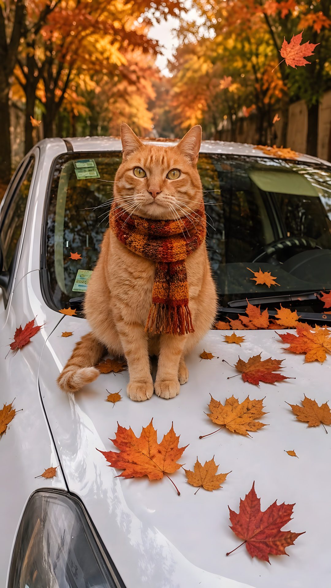 an orange cat sitting on the hood of a white car with autumn leaves around it Orange Cat Halloween sienna