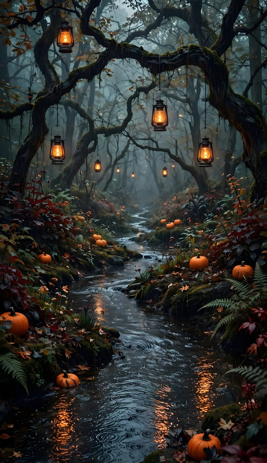 lanterns are hanging from trees over a stream in the woods with pumpkins on it Halloween Forest dark slate gray