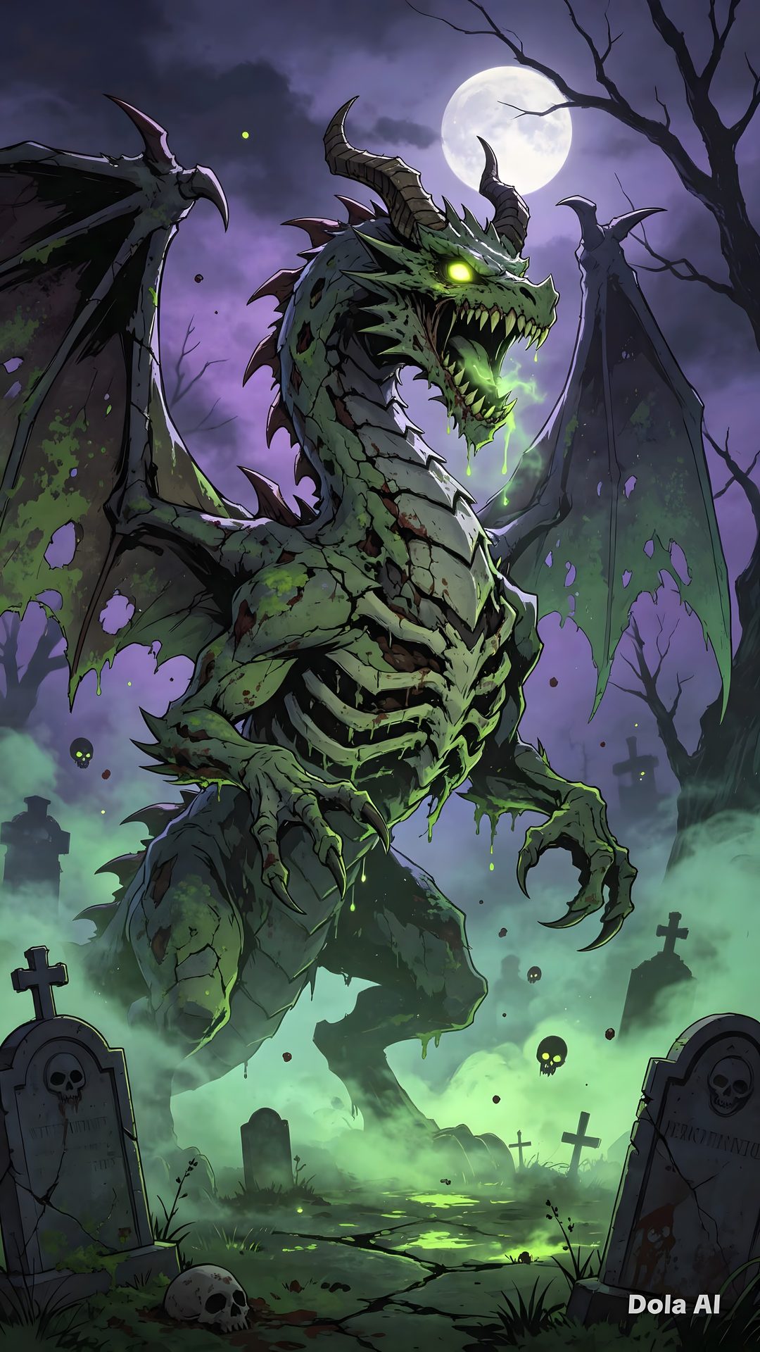 a green dragon with glowing eyes standing in front of tombstones and graves at night Halloween Dragon dark slate gray