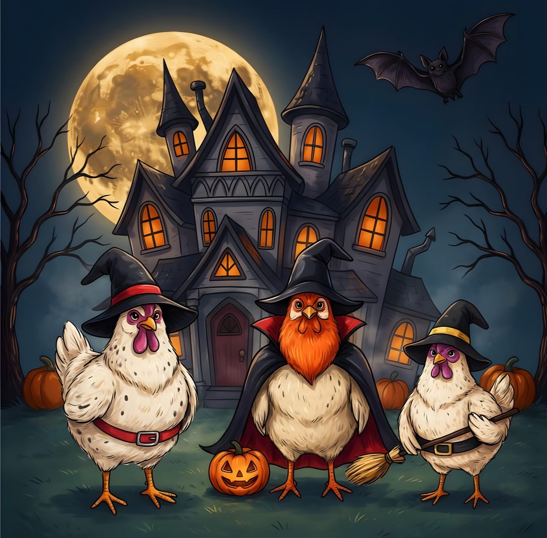 three chickens dressed as witches in front of a halloween house Halloween Chicken dark slate gray