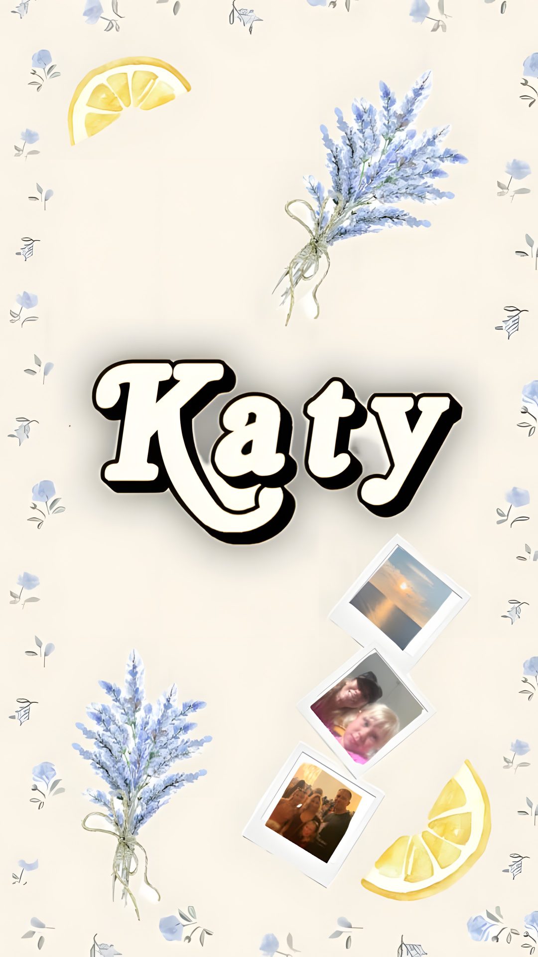the word kayty surrounded by photos and lemons on a white background with blue flowers Katy Name Name Backgrounds For Halloween linen