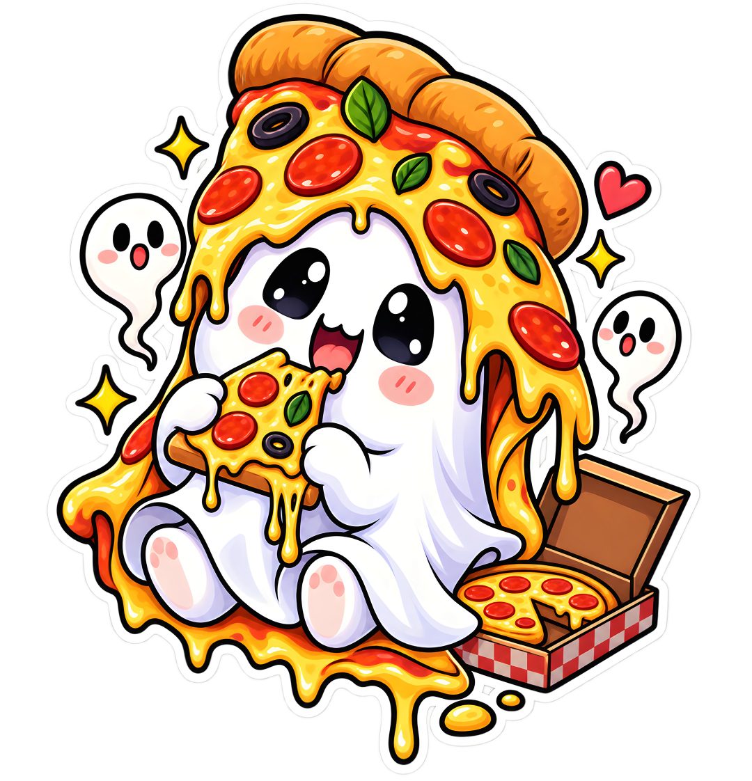 a cartoon character eating a slice of pizza with sprinkles and ghost faces Halloween Pizza Cartoon snow
