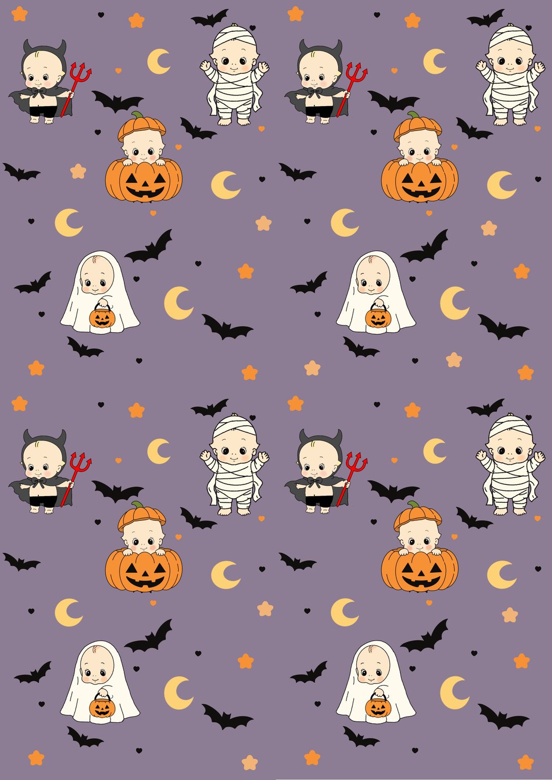 an image of halloween themed wallpaper with pumpkins and ghost on it, all in purple Kewpie Halloween gray