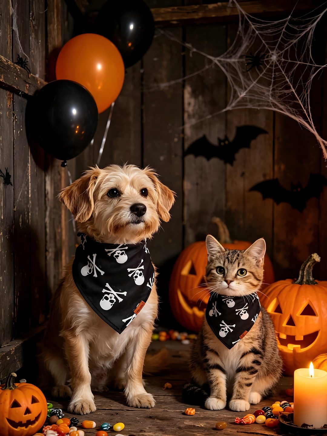 a dog and cat sitting next to each other in front of pumpkins with balloons Cute Dog And Cat Halloween black