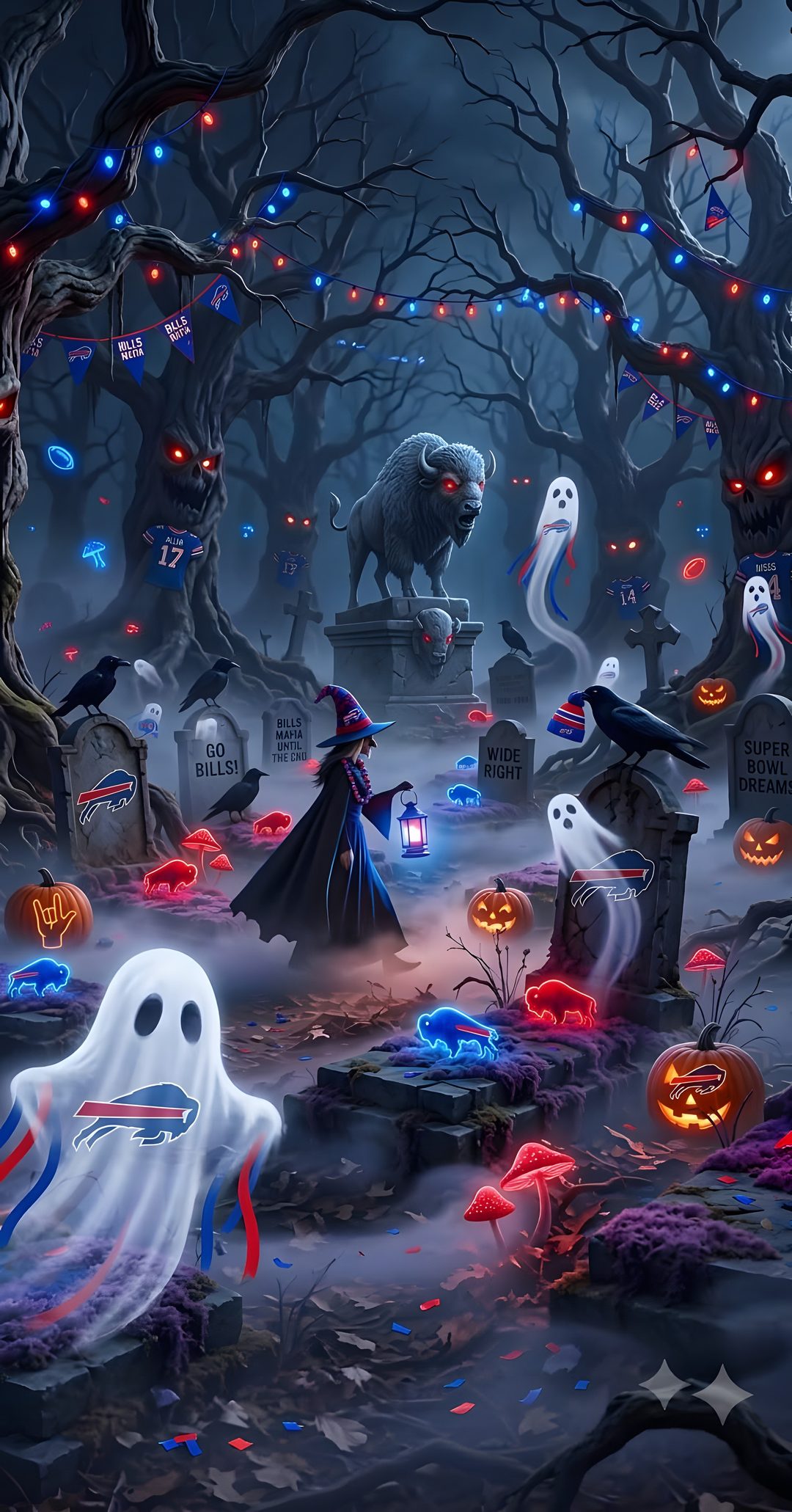 a halloween scene with ghostes and pumpkins Buffalo Bills Halloween Halloween, dark slate gray