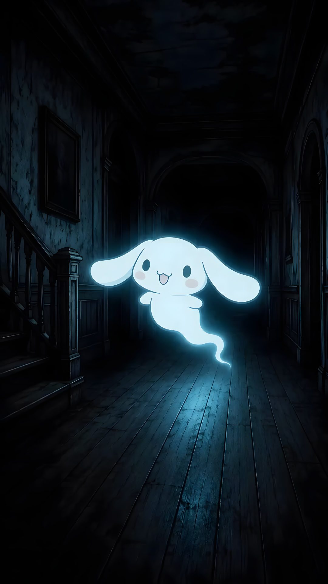 a white rabbit is glowing in the dark with its head turned to look like it's running Cinnamoroll Halloween black