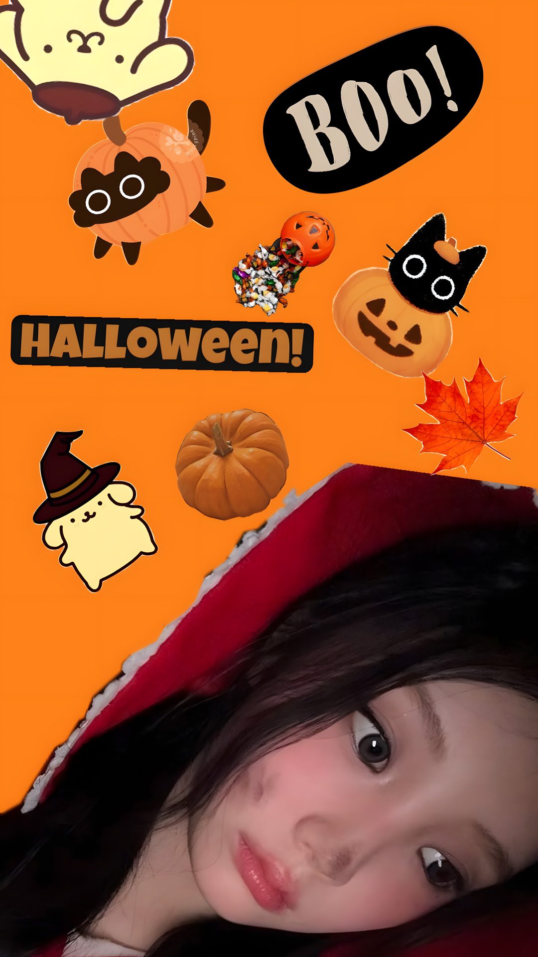 a girl wearing a red hoodie with halloween stickers all over her face and behind her head Kpop Halloween dark goldenrod