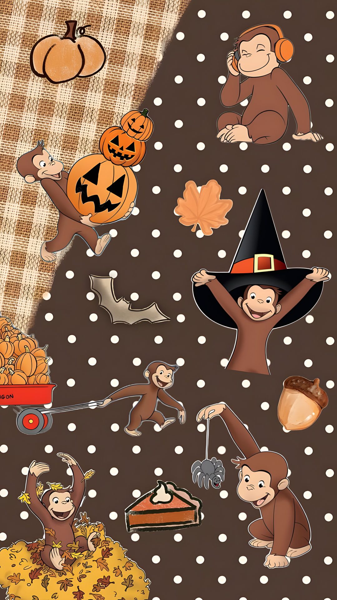 monkeys and pumpkins on a brown background Curious George Halloween dark slate gray