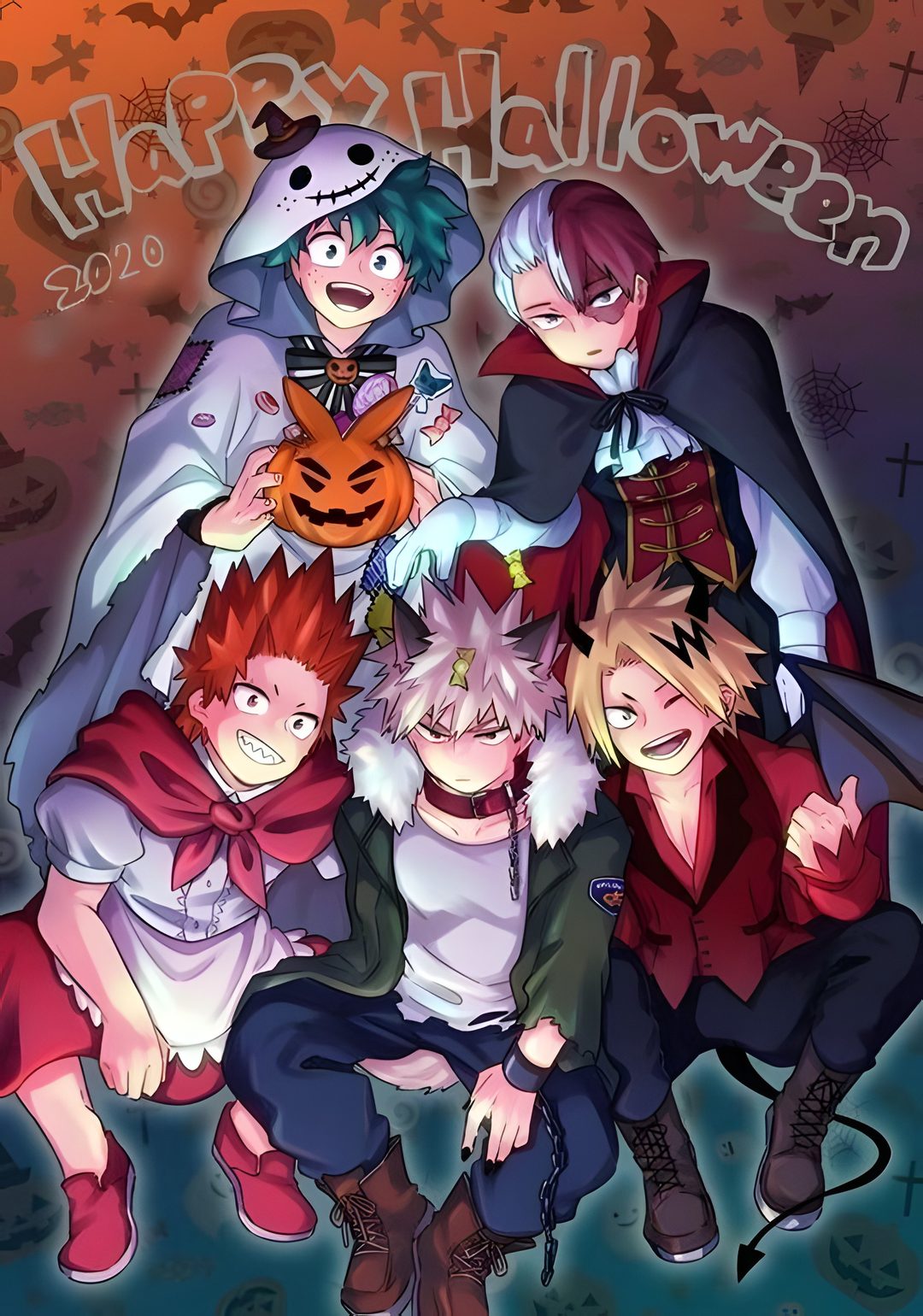 some anime characters with pumpkins and witches on their heads in front of an orange background Cute Mha Halloween dim gray