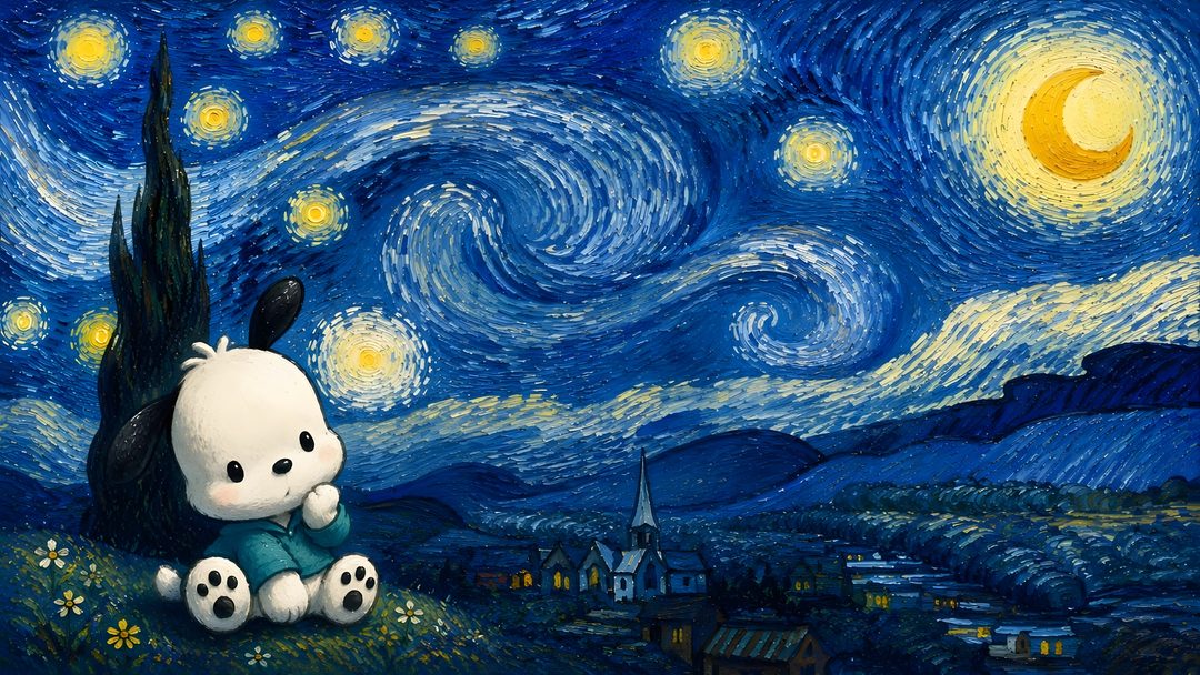 a painting of a white teddy bear sitting in front of a starry night sky Pochacco Halloween midnight blue