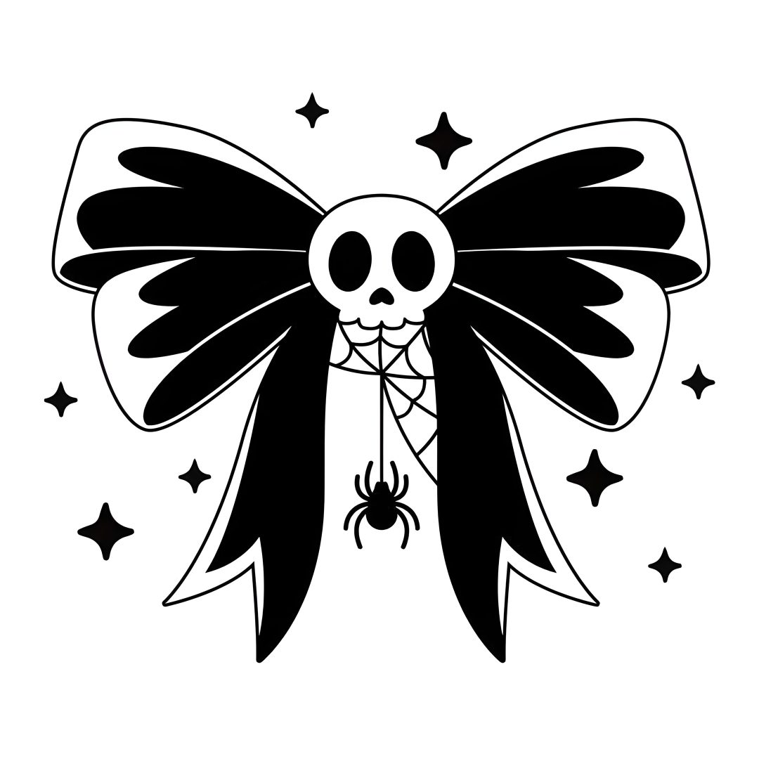 a black and white drawing of a skull with wings on it's head, surrounded by stars Black And White Halloween Skulls In Bow white