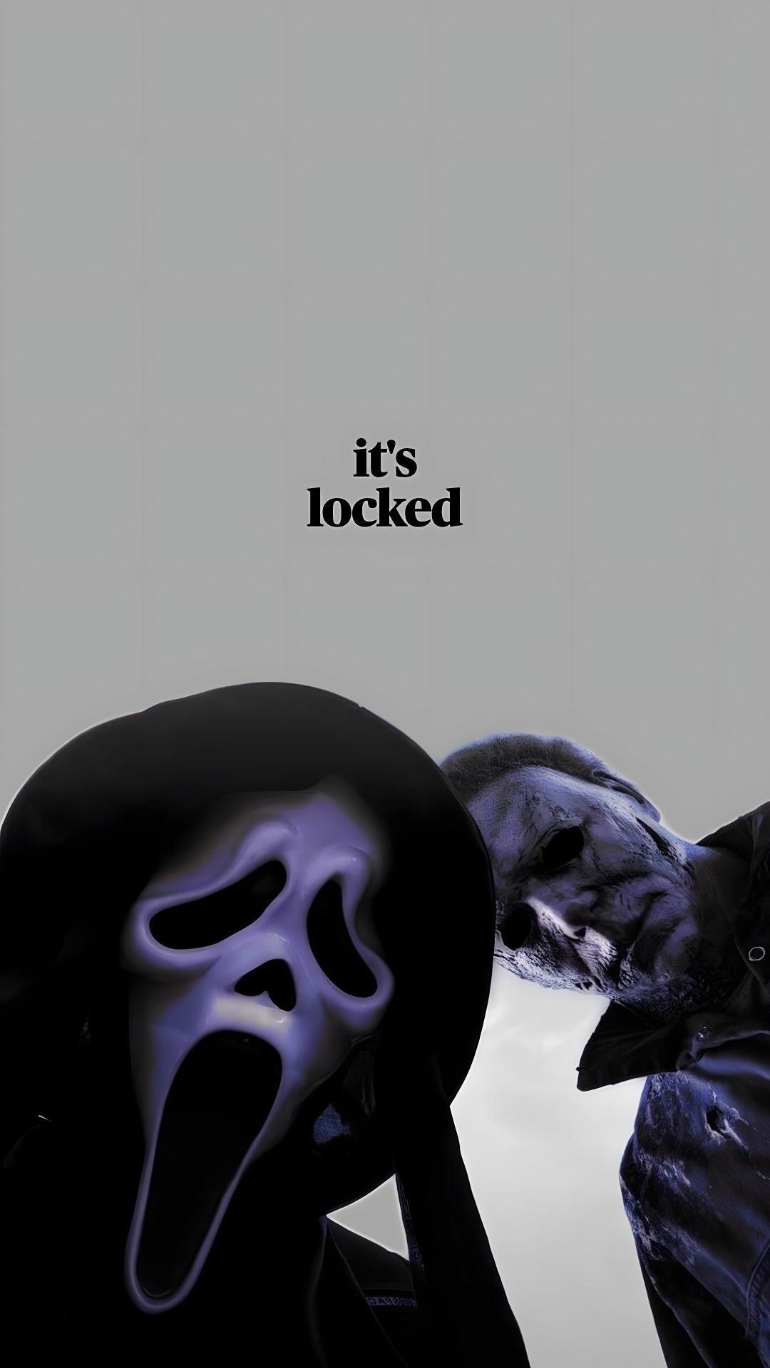two people wearing masks with the caption it's locked Halloween Watch Your Back dark gray