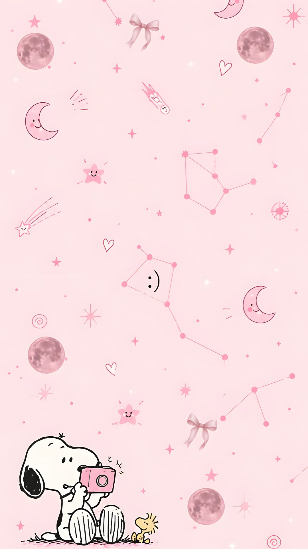 a pink wallpaper with a cartoon dog holding a star in it's mouth Pink Snoopy Halloween misty rose