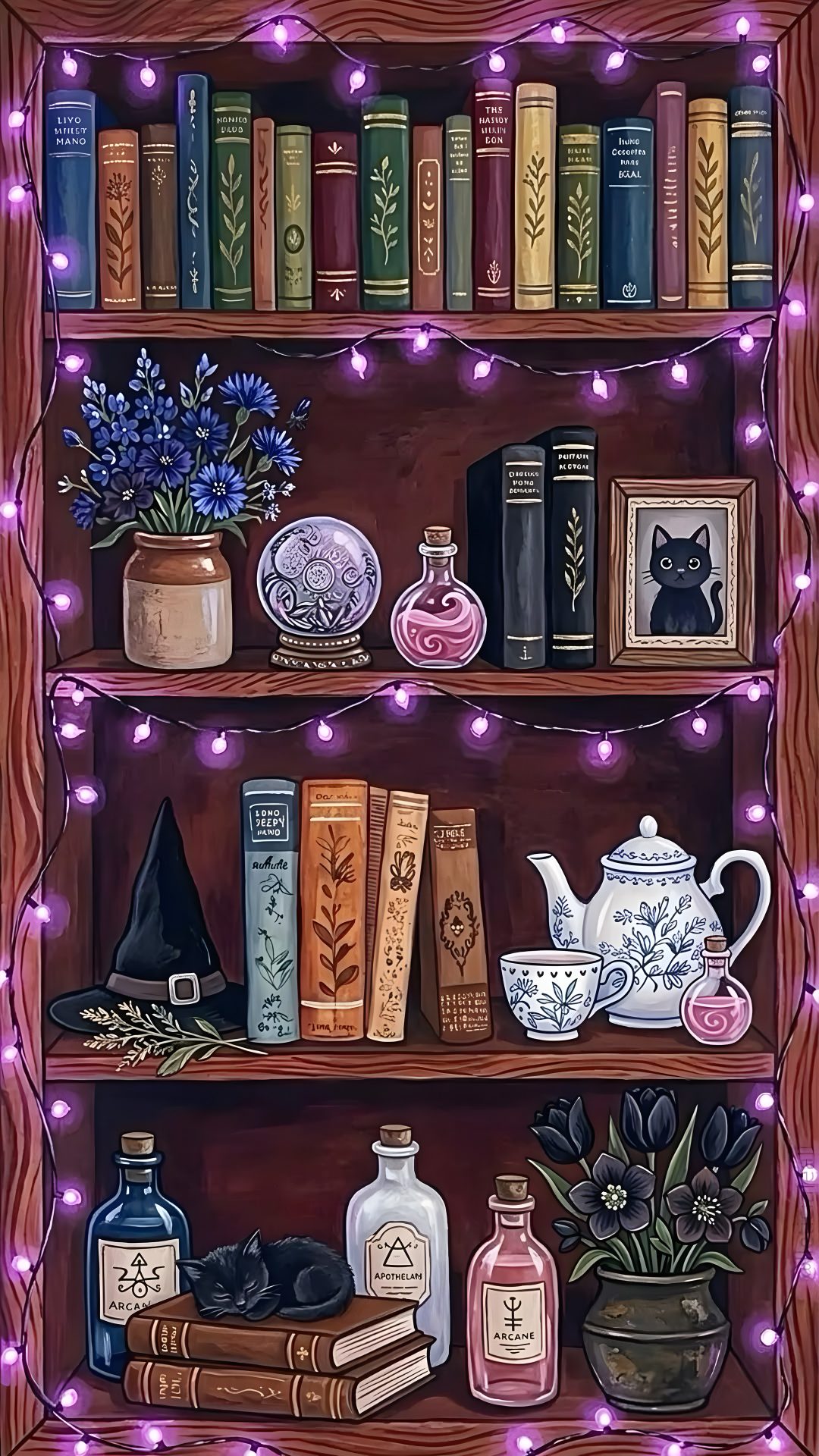 a painting of books and other items on a shelf with purple lights around the shelves Halloween Bookshelf Iphone dark slate gray