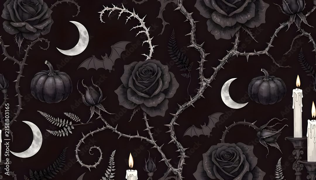 a black and white wallpaper with candles, roses, leaves and bats on it Gothic Halloween Pattern In Black And black
