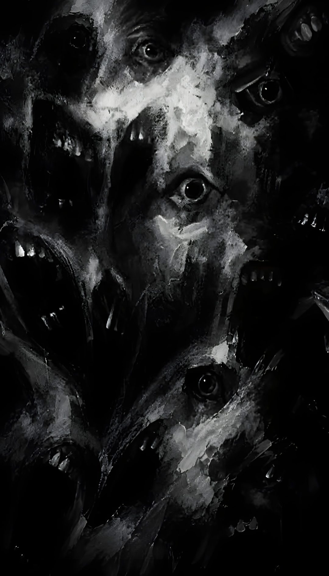 a black and white painting with multiple eyes Scary Creepy Halloween Art black