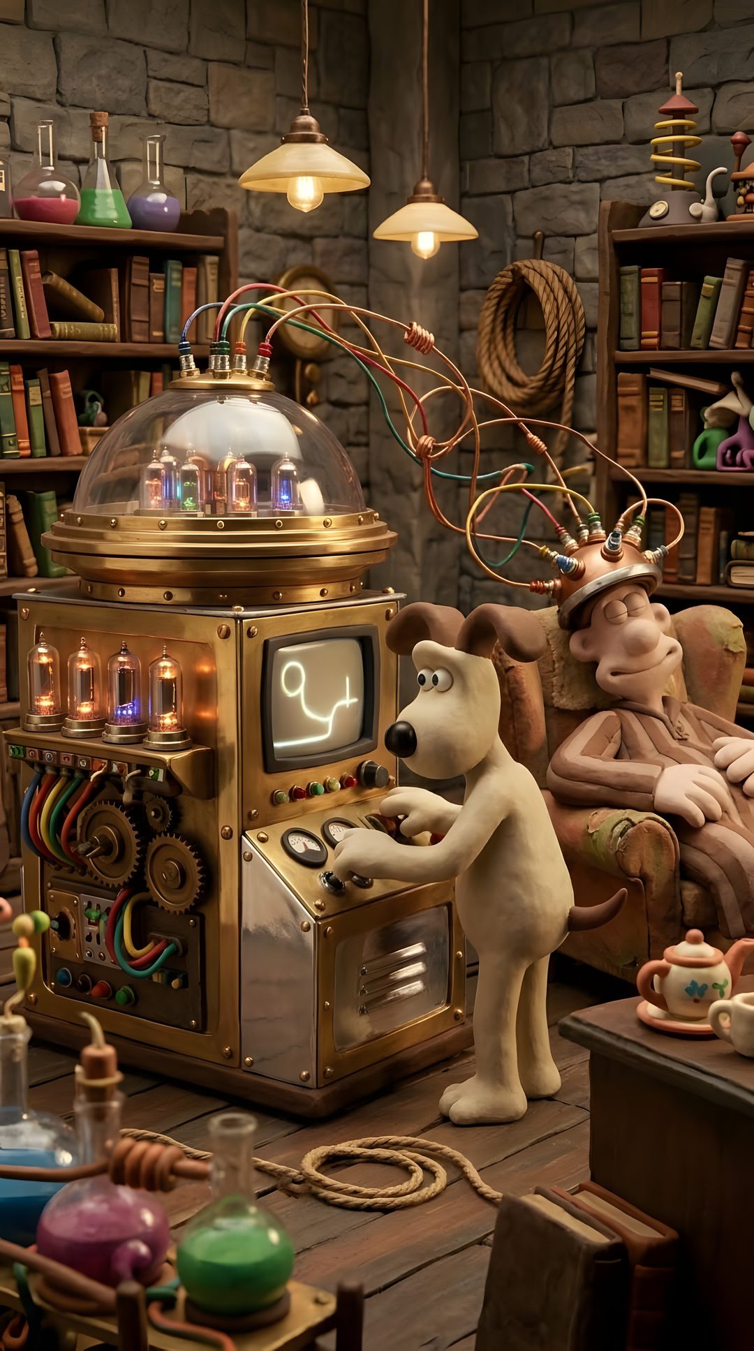 a room filled with lots of different types of toys and books on top of a wooden floor Wallace And Gromit Halloween Background Wall, dark olive green