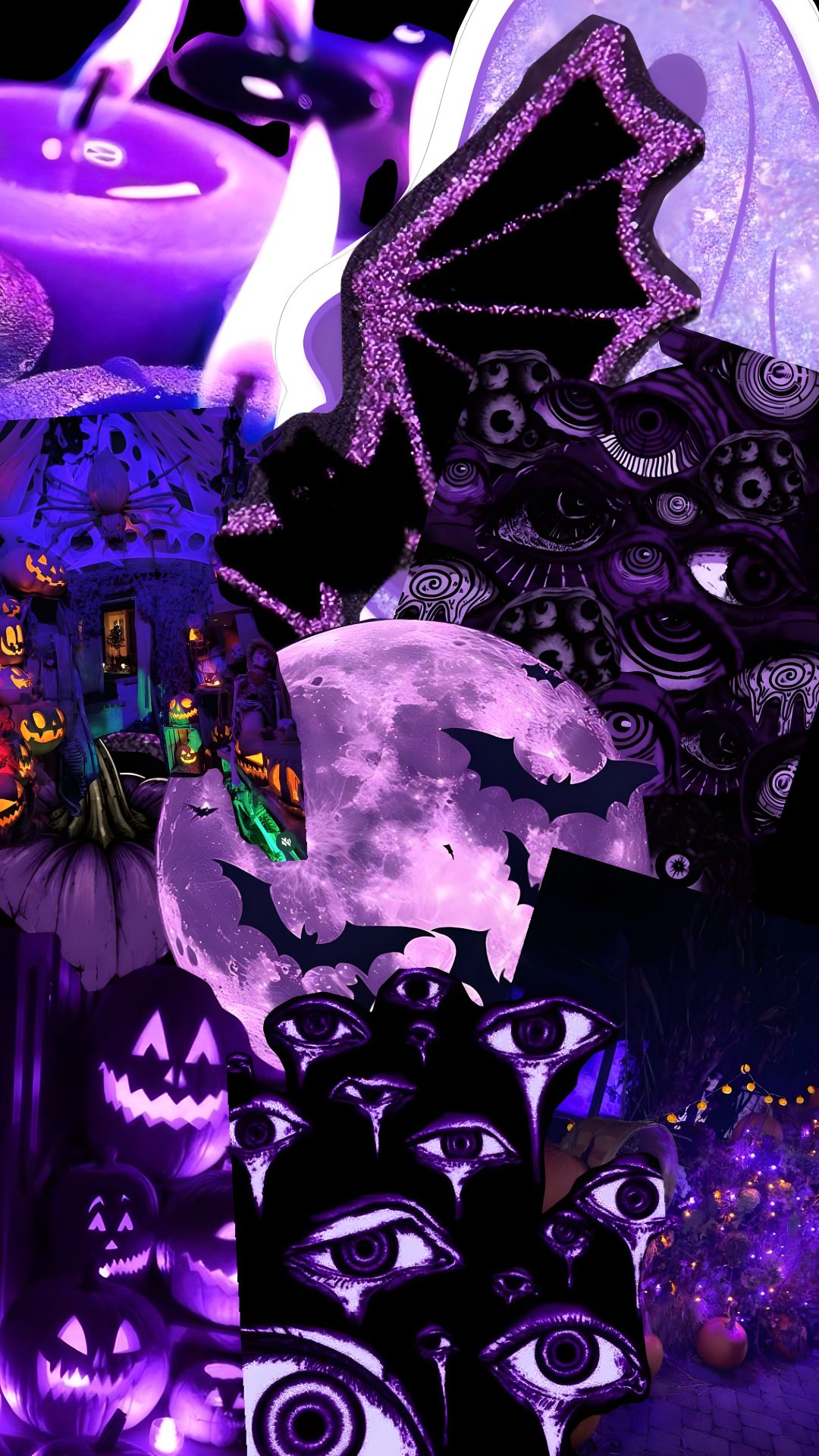 an image of halloween themed items in purple and black colors with the moon behind them Purple Edgy Aesthetic Halloween midnight blue