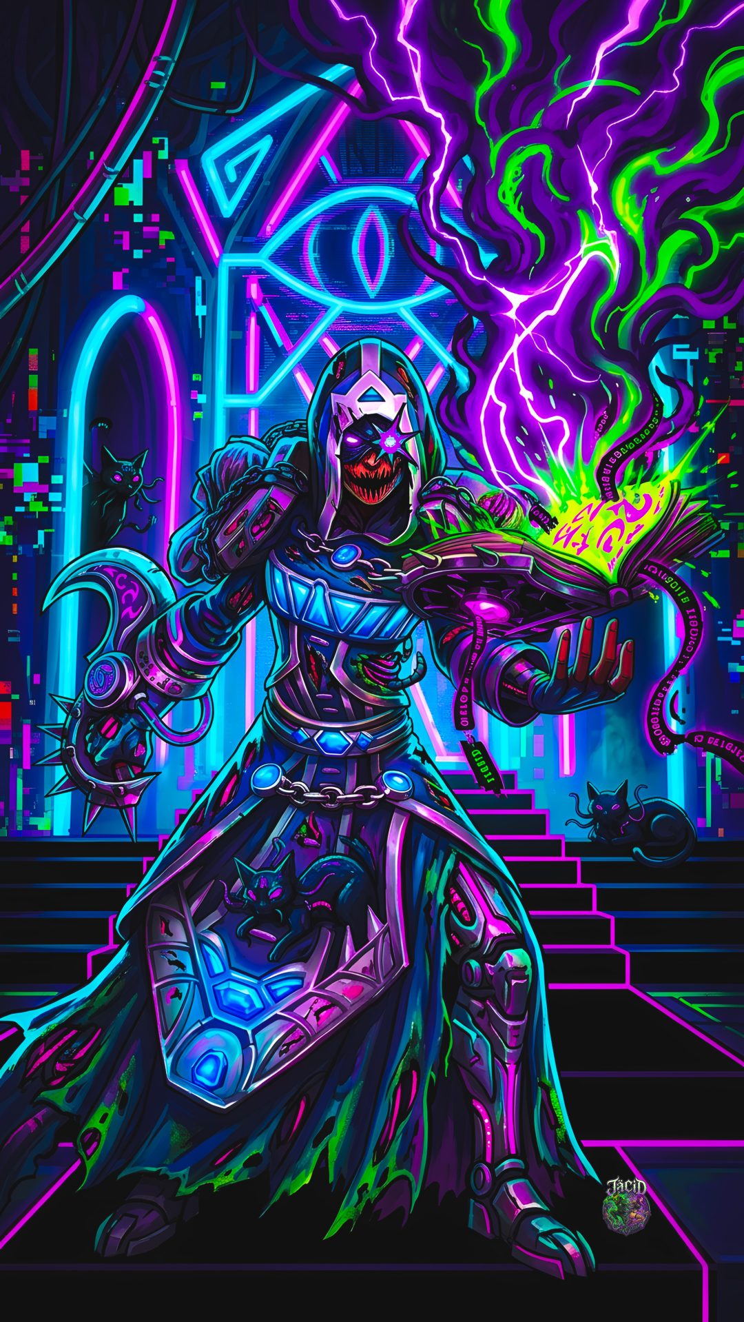 a digital painting of a person with neon lights on their face and arms, standing in front of stairs World Of Warcraft Halloween midnight blue