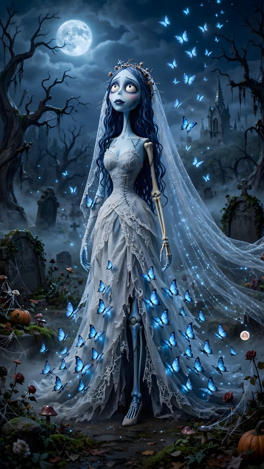 a corpse bride with blue butterflies on her dress and veil, standing in the woods Halloween Corpse Bride dark slate gray